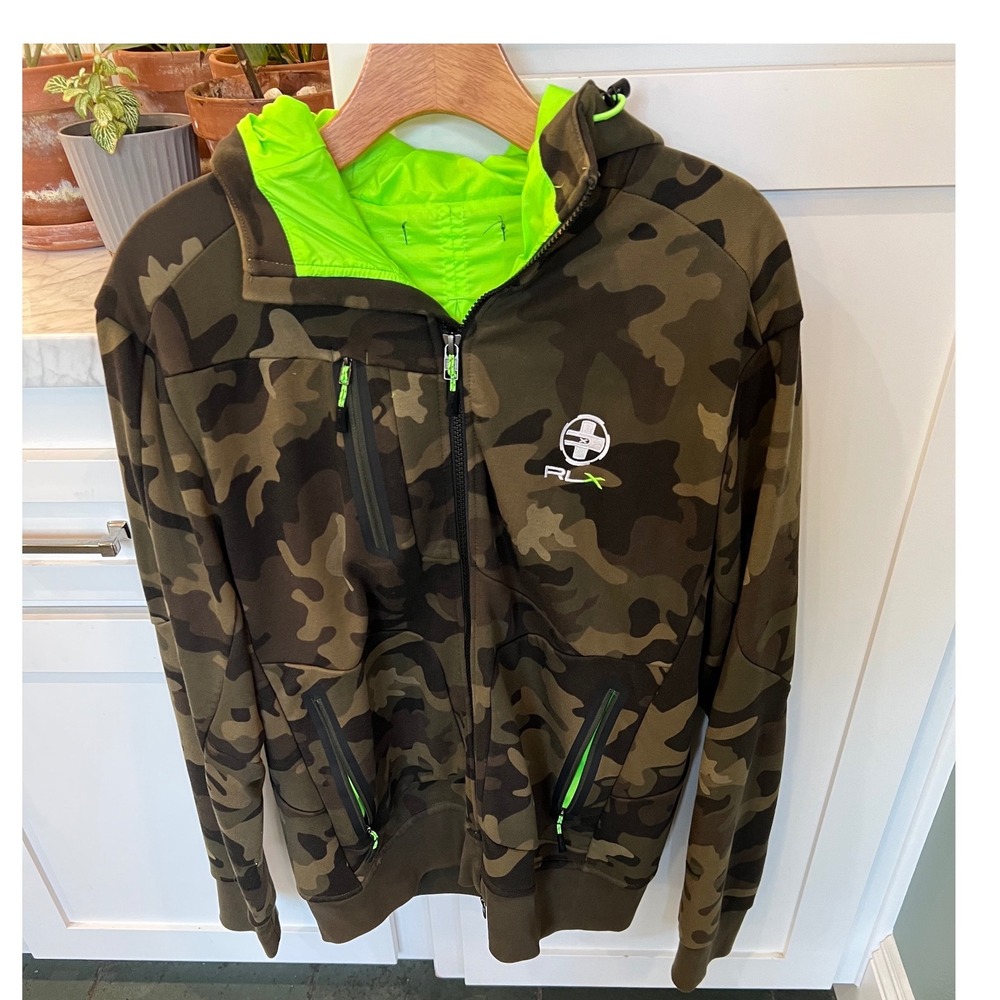 RLX Ralph Lauren Mens Camo Performance Full Zip Hoodie Neon Green Lining Jacket